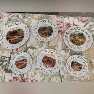 Decorative White Porcelain Plates Set with Farm Scenes